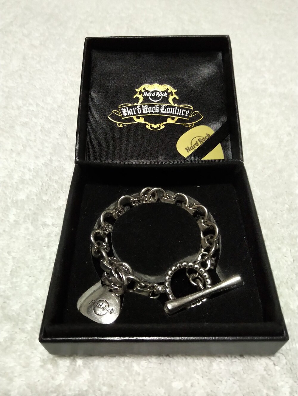 NWT Hard Rock Couture Silver Pick Link Charm Bracelet With Box